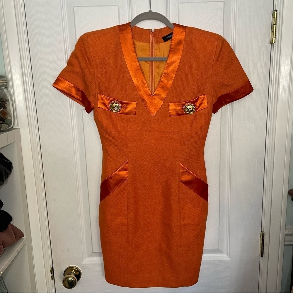 Novespazio Noburo Yamafuji Orange V Neck Mini Dress Medium